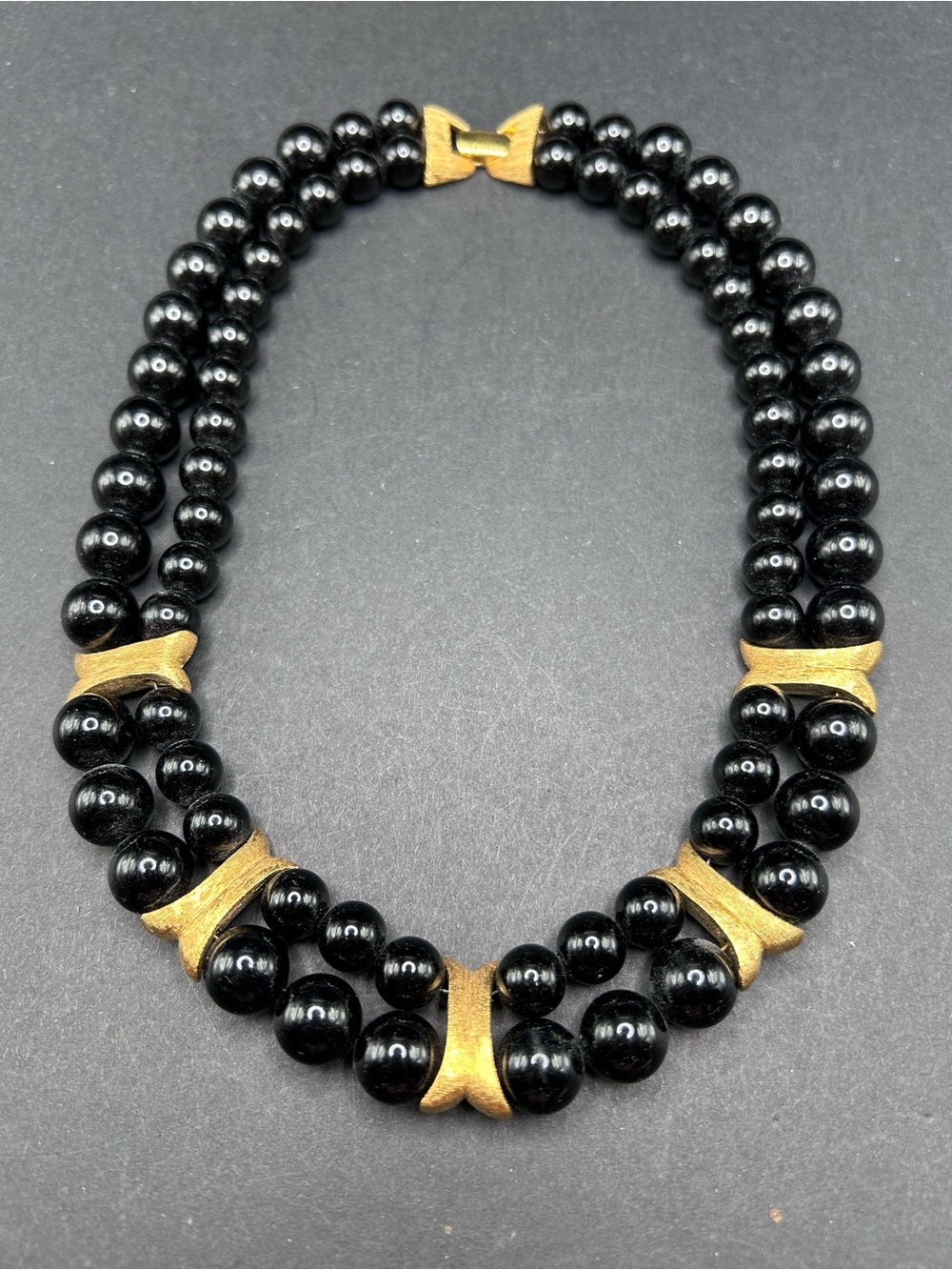 VTG Napier Black Beaded Double-Strand Collar Necklace with Gold Accents 15"